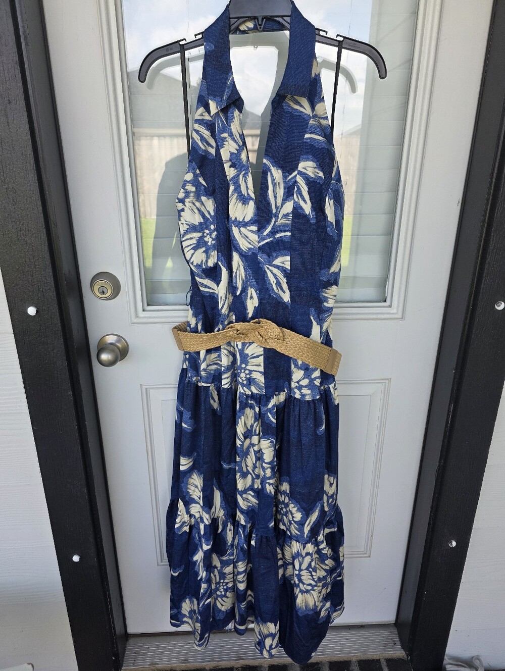 Donna Karan New York Halter Maxi Dress 16 Blue Floral Belted Resort NWT $199 - Picture 4 of 13